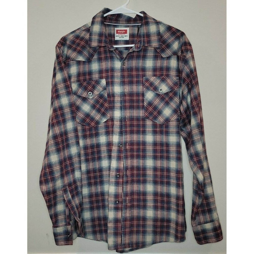 Wrangler Mens Red Blue White Plaid Snap Long Sleeve Western Shirt Size Large (L)